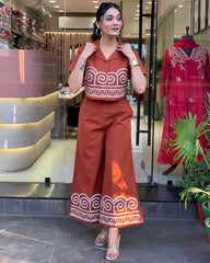 Women Orange Cotton Chic Embroidery Co-Ord Set