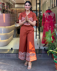 Women Orange Cotton Chic Embroidery Co-Ord Set