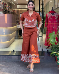 Women Orange Cotton Chic Embroidery Co-Ord Set