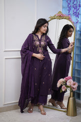 Women Purple Cotton M&S Embroidery Kurta Pant and Dupatta Set