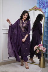 Women Purple Cotton M&S Embroidery Kurta Pant and Dupatta Set