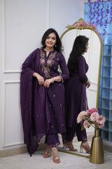 Women Purple Cotton M&S Embroidery Kurta Pant and Dupatta Set