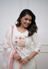 Women White Cotton Embroidery Kurta Pant and Cotton Dupatta Set