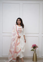 Women White Cotton Embroidery Kurta Pant and Cotton Dupatta Set