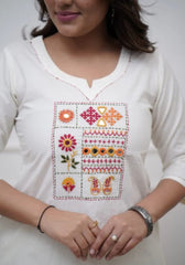 Women White Cotton Embroidery Kurta Pant and Cotton Dupatta Set