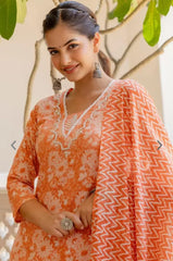 Women Orange Cotton Thread Kurta Pant and Cotton Dupatta set