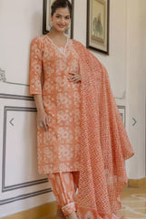Women Orange Cotton Thread Kurta Pant and Cotton Dupatta set