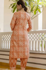 Women Orange Cotton Thread Kurta Pant and Cotton Dupatta set