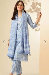 Women Blue Cotton Thread Kurta Pant and Cotton Dupatta set