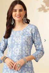 Women Blue Cotton Thread Kurta Pant and Cotton Dupatta set