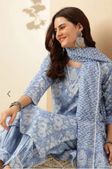 Women Blue Cotton Thread Kurta Pant and Cotton Dupatta set