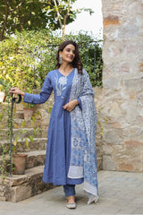 Women Blue Cotton Embroidery Yoke Kurta Pant and Dupatta Set