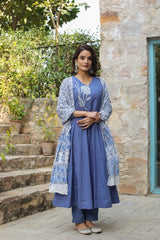 Women Blue Cotton Embroidery Yoke Kurta Pant and Dupatta Set