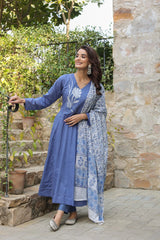 Women Blue Cotton Embroidery Yoke Kurta Pant and Dupatta Set