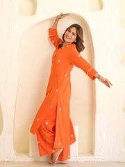 Women Orange Cotton Embroidery Kurta Pant set