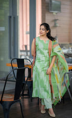Women Green South Cotton Shade Kurta Pant and Dupatta set
