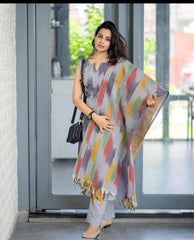 Women Grey South Cotton Shade Kurta Pant and Dupatta set