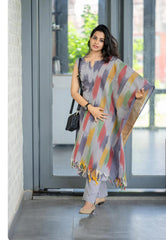 Women Grey South Cotton Shade Kurta Pant and Dupatta set