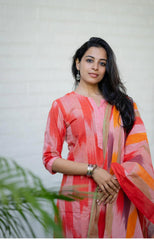 Women Red South Cotton Shade Kurta Pant and Dupatta set