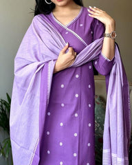 Women Purple South Cotton Kurta Pant and Dupatta set