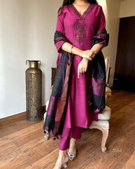 Women Plum South Handloom Cotton Kurta Pant and Dupatta set