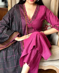 Women Plum South Handloom Cotton Kurta Pant and Dupatta set