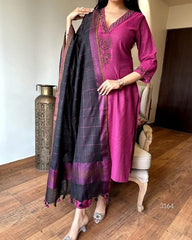Women Plum South Handloom Cotton Kurta Pant and Dupatta set