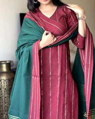 Women Red South Handloom Cotton Kurta Pant and Dupatta set