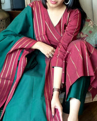 Women Red South Handloom Cotton Kurta Pant and Dupatta set