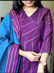 Women Purple South Handloom Cotton Kurta Pant and Dupatta set
