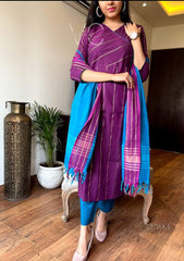 Women Purple South Handloom Cotton Kurta Pant and Dupatta set
