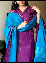 Women Purple South Handloom Cotton Kurta Pant and Dupatta set