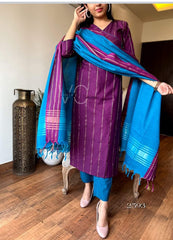 Women Purple South Handloom Cotton Kurta Pant and Dupatta set