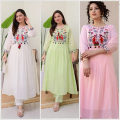 Women Green Cotton Embroidery Kurta Pant set