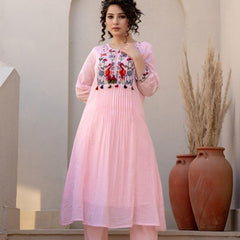 Women Pink Cotton Embroidery Kurta Pant set
