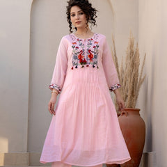 Women Pink Cotton Embroidery Kurta Pant set