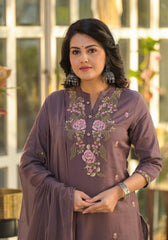 Women Grey Cotton M&S Embroidery Kurta Pant and Dupatta Set
