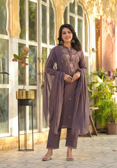 Women Grey Cotton M&S Embroidery Kurta Pant and Dupatta Set