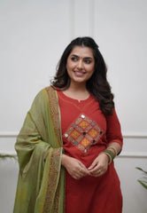 Women Red Cotton Embroidery Kurta Pant and Cotton Dupatta Set