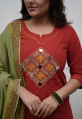 Women Red Cotton Embroidery Kurta Pant and Cotton Dupatta Set