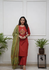 Women Red Cotton Embroidery Kurta Pant and Cotton Dupatta Set