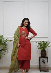 Women Red Cotton Embroidery Kurta Pant and Cotton Dupatta Set