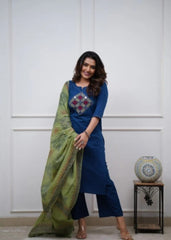 Women Blue Cotton Embroidery Kurta Pant and Cotton Dupatta Set