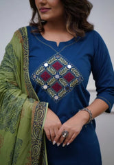 Women Blue Cotton Embroidery Kurta Pant and Cotton Dupatta Set