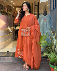Women Orange Cotton Embroidery Kurta Pant set