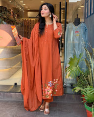Women Orange Cotton Embroidery Kurta Pant set