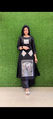 Women Black Cotton Embroidery Kurta Pant set