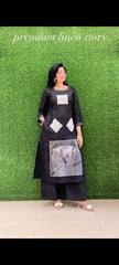 Women Black Cotton Embroidery Kurta Pant set