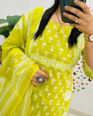 Women Fluorescent Green Cotton Kurta Pant and Dupatta set