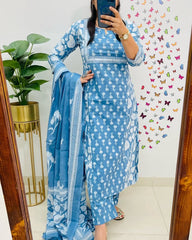 Women Blue Cotton Kurta Pant and Dupatta set
